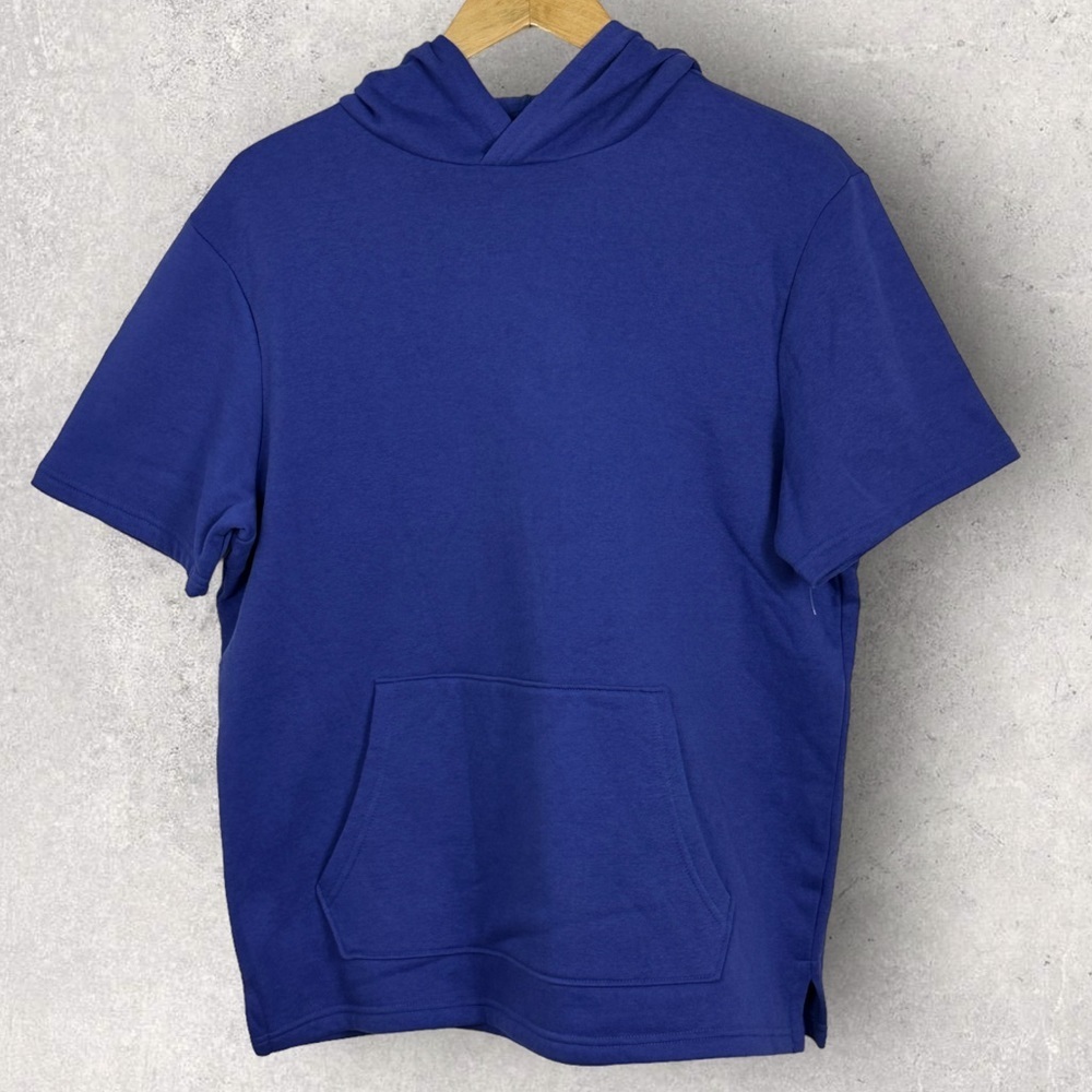 NEW Nordstrom Abound Blue Short Sleeve Hoodie Women's Size Small Kangaroo Pocket